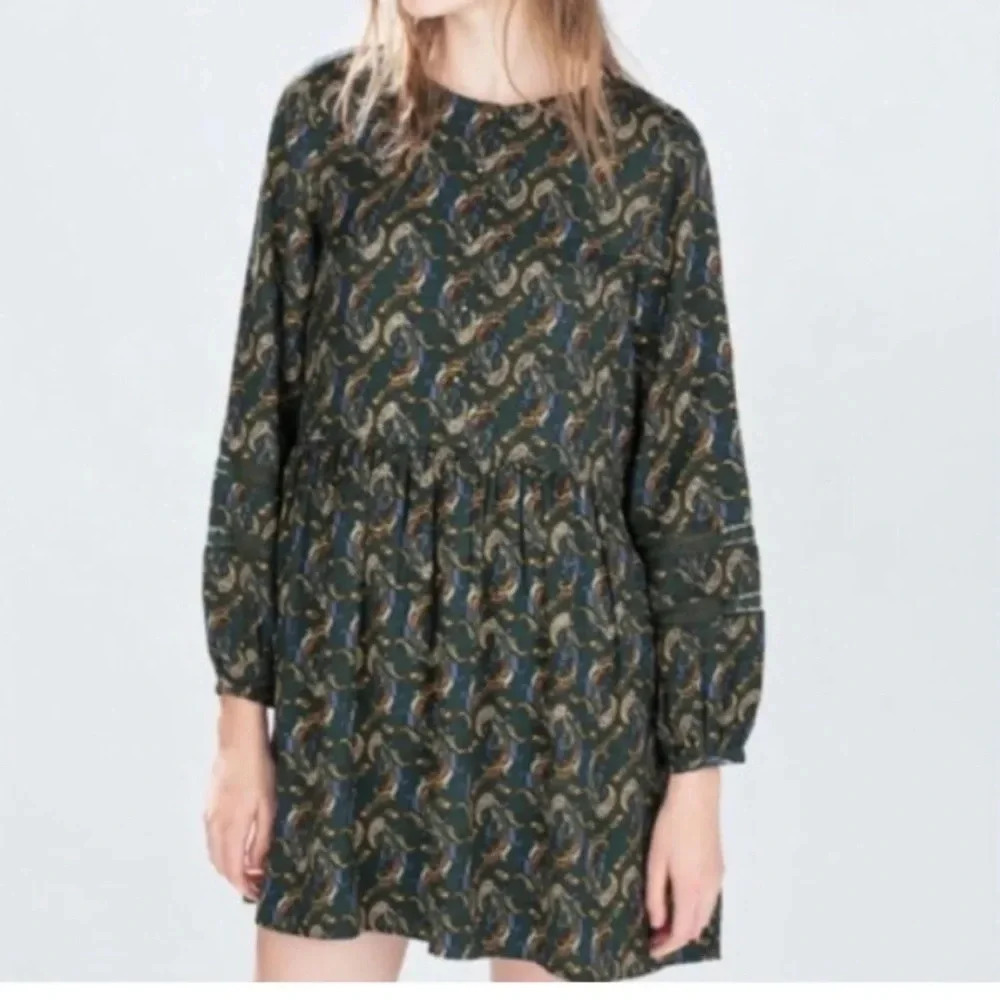 Zara Trafaluc Paisley Print Dress Lined Mini Long Sleeve Bloggers Favorite Small